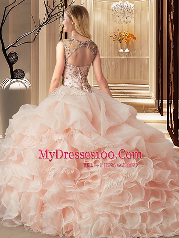 Scoop Pick Ups Light Blue Sleeveless Organza Brush Train Lace Up Sweet 16 Dresses for Military Ball and Sweet 16 and Quinceanera