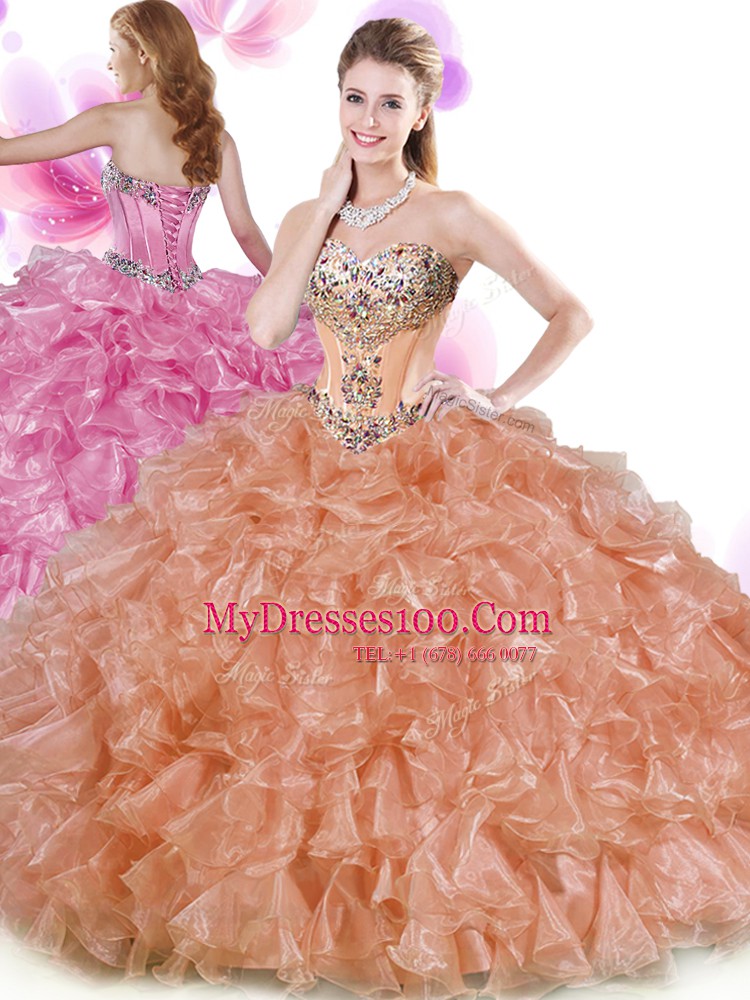 Rust Red and Peach Sleeveless Beading and Ruffles Floor Length Ball Gown Prom Dress