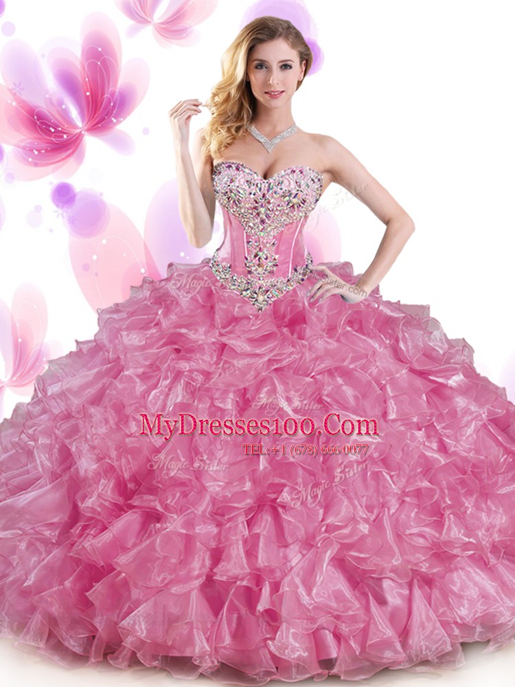 Rust Red and Peach Sleeveless Beading and Ruffles Floor Length Ball Gown Prom Dress