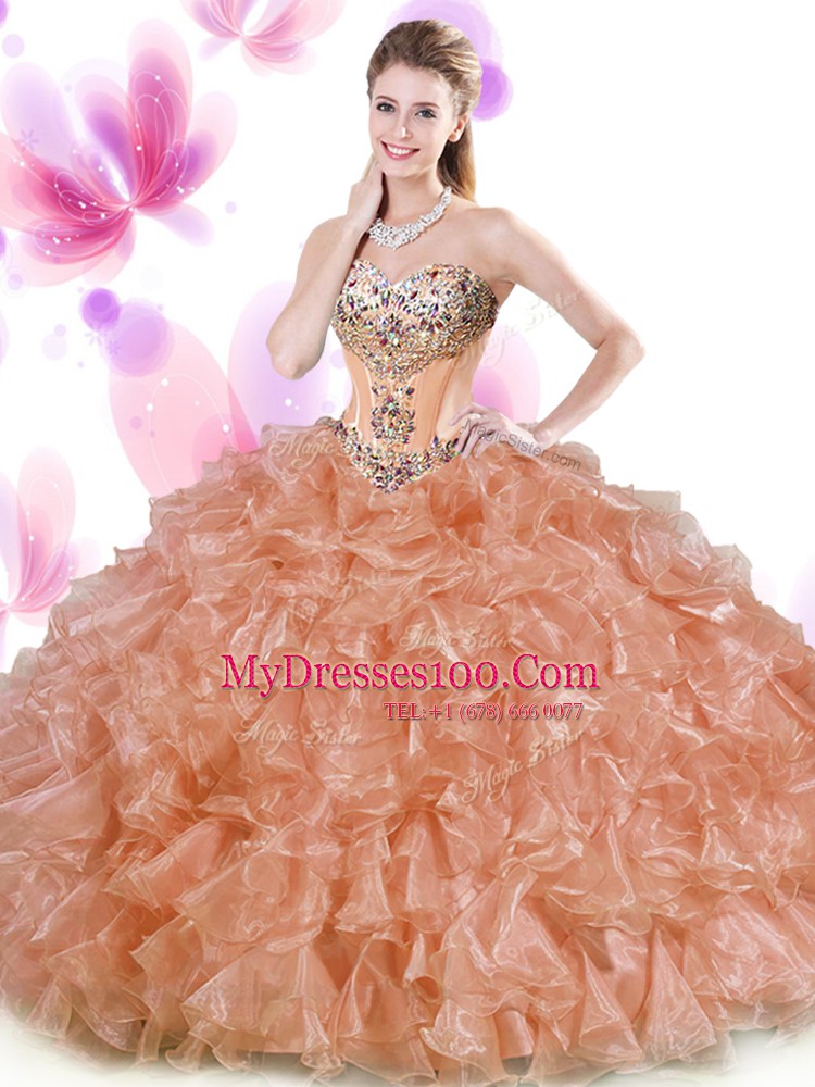 Rust Red and Peach Sleeveless Beading and Ruffles Floor Length Ball Gown Prom Dress