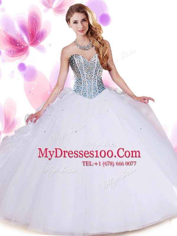 Dramatic Floor Length White 15th Birthday Dress Sweetheart Sleeveless Lace Up