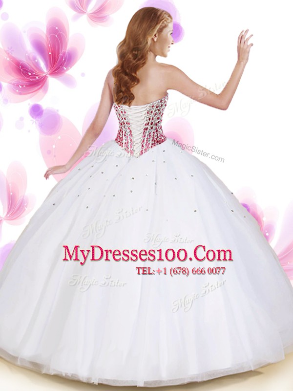 Dramatic Floor Length White 15th Birthday Dress Sweetheart Sleeveless Lace Up