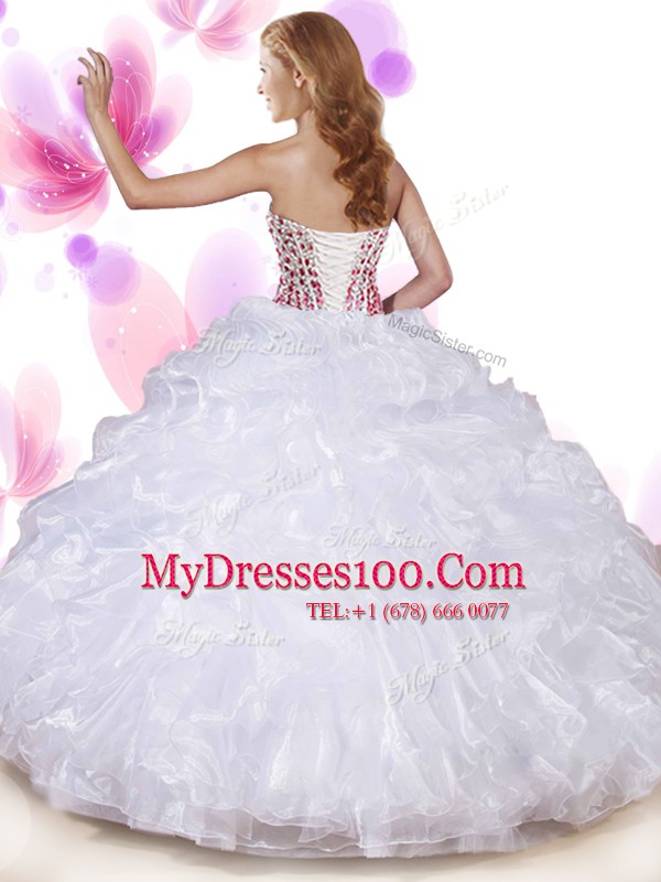 Dramatic Floor Length White 15th Birthday Dress Sweetheart Sleeveless Lace Up