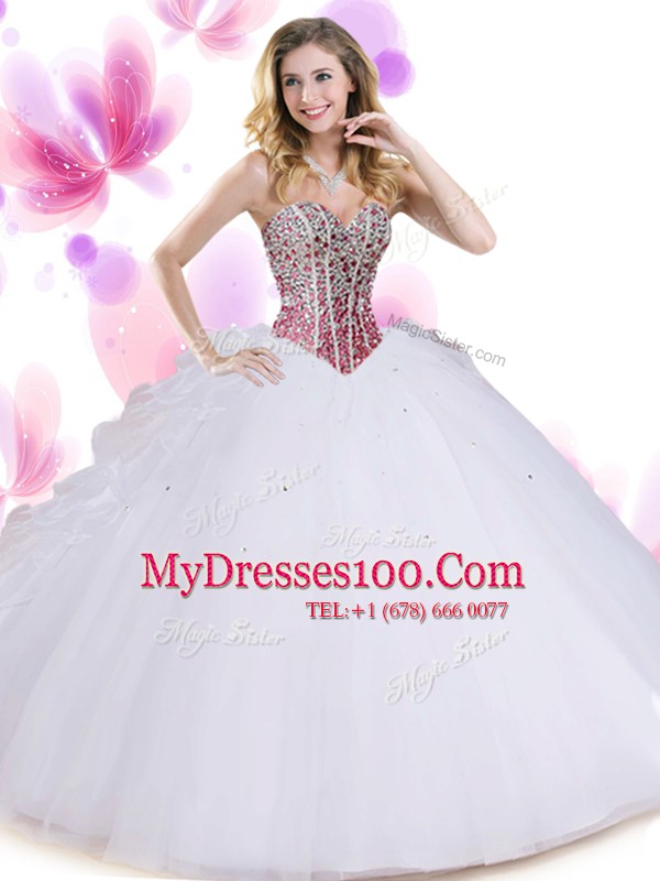 Dramatic Floor Length White 15th Birthday Dress Sweetheart Sleeveless Lace Up