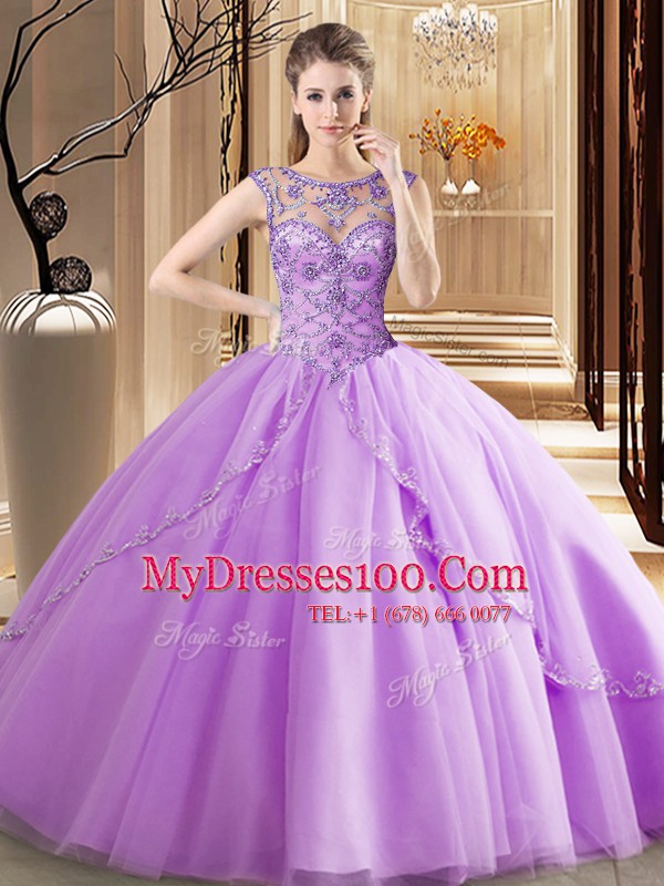 Fabulous Scoop Lavender Ball Gowns Beading Ball Gown Prom Dress Lace Up Tulle Sleeveless