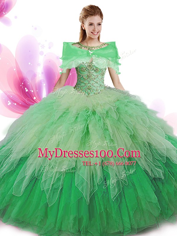 Beautiful Four Piece Green Tulle Lace Up Scoop Sleeveless Floor Length Sweet 16 Quinceanera Dress Beading and Ruffles