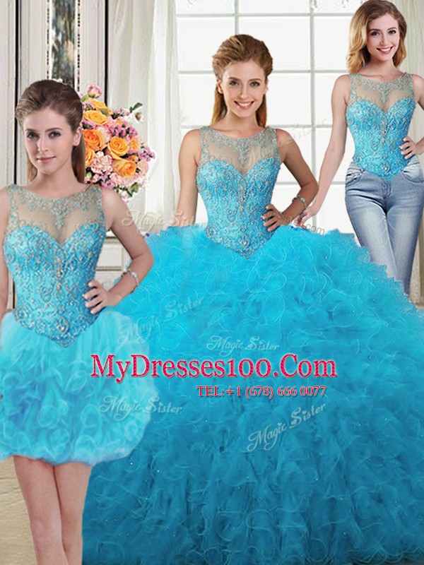 Free and Easy Three Piece Baby Blue Tulle Lace Up Scoop Sleeveless Floor Length Sweet 16 Dress Beading and Ruffles
