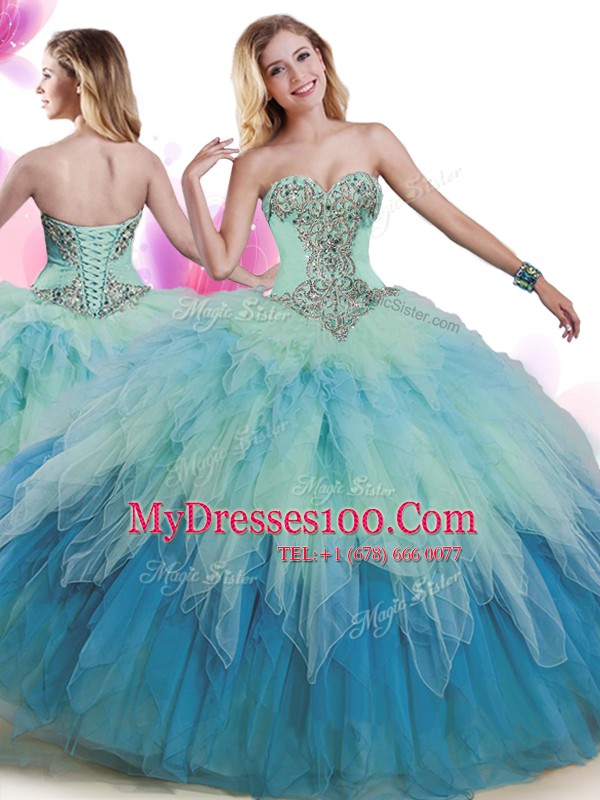 Customized Sleeveless Tulle Floor Length Lace Up Quinceanera Dress in Multi-color with Beading and Ruffles