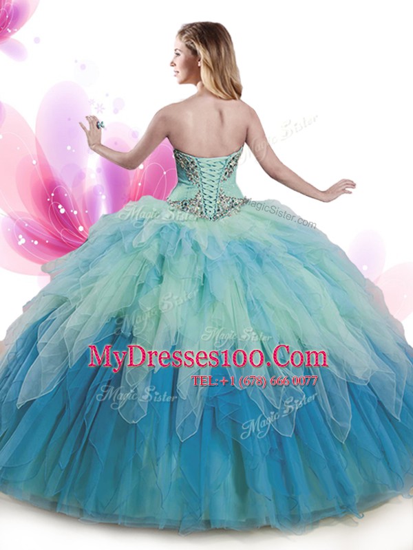 Customized Sleeveless Tulle Floor Length Lace Up Quinceanera Dress in Multi-color with Beading and Ruffles