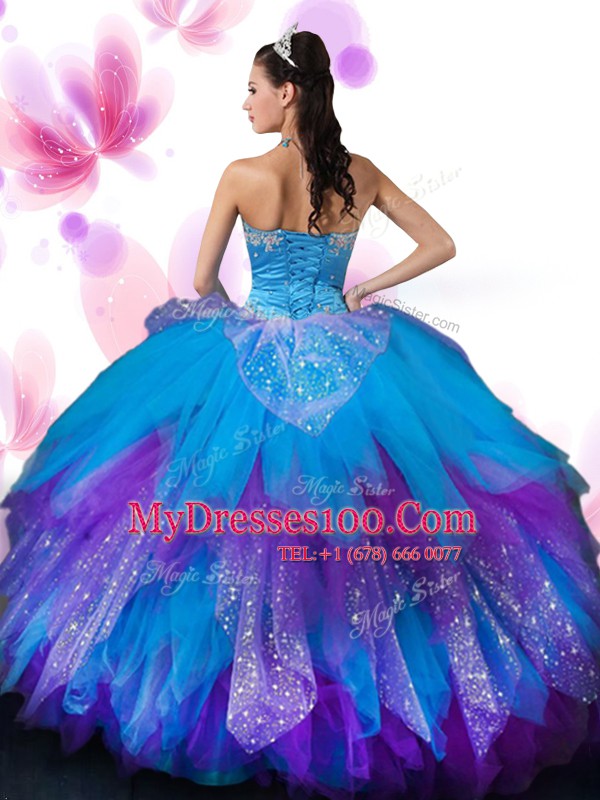 Sweetheart Sleeveless Quince Ball Gowns Floor Length Appliques and Ruffled Layers and Hand Made Flower Multi-color Tulle