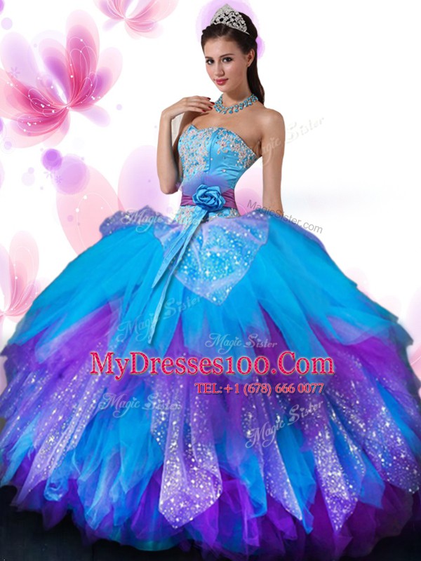 Sweetheart Sleeveless Quince Ball Gowns Floor Length Appliques and Ruffled Layers and Hand Made Flower Multi-color Tulle