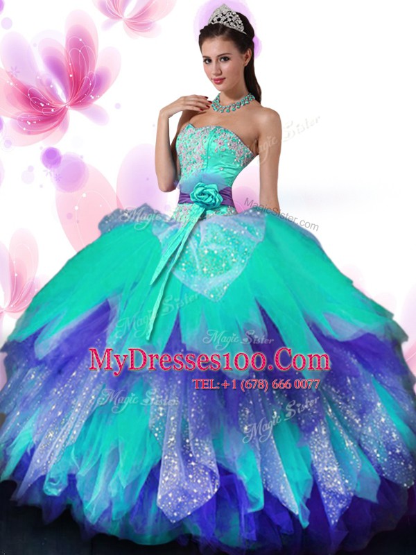 Sweetheart Sleeveless Quince Ball Gowns Floor Length Appliques and Ruffled Layers and Hand Made Flower Multi-color Tulle