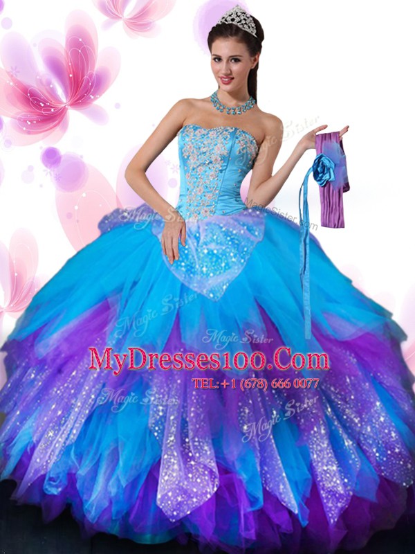 Sweetheart Sleeveless Quince Ball Gowns Floor Length Appliques and Ruffled Layers and Hand Made Flower Multi-color Tulle