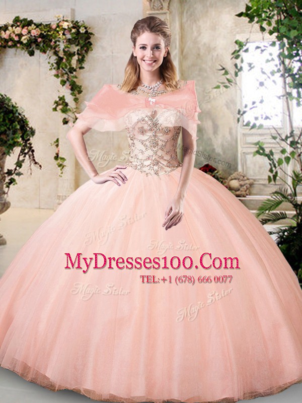 High Class Scoop Floor Length Lace Up Quinceanera Dress Peach for Military Ball and Sweet 16 and Quinceanera with Beading