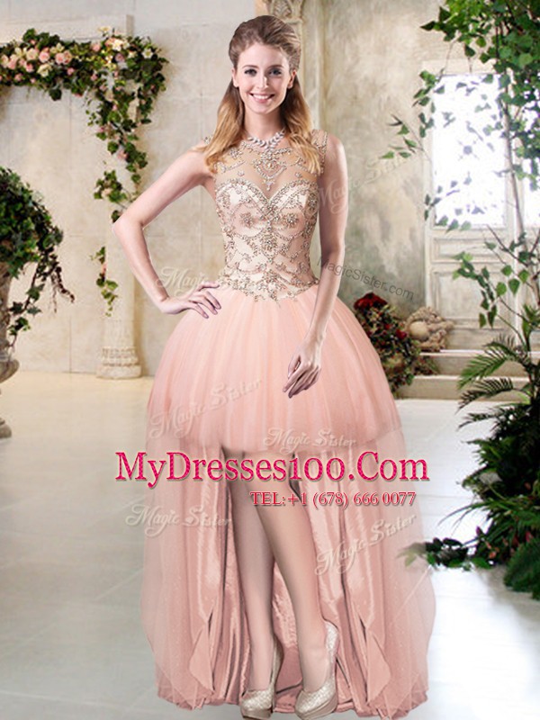 High Class Scoop Floor Length Lace Up Quinceanera Dress Peach for Military Ball and Sweet 16 and Quinceanera with Beading