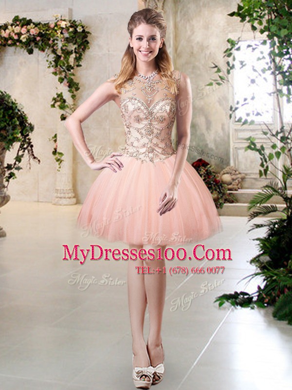 High Class Scoop Floor Length Lace Up Quinceanera Dress Peach for Military Ball and Sweet 16 and Quinceanera with Beading