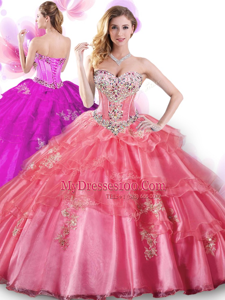 Fantastic Coral Red Ball Gowns Beading and Appliques Sweet 16 Dress Lace Up Organza Sleeveless Floor Length