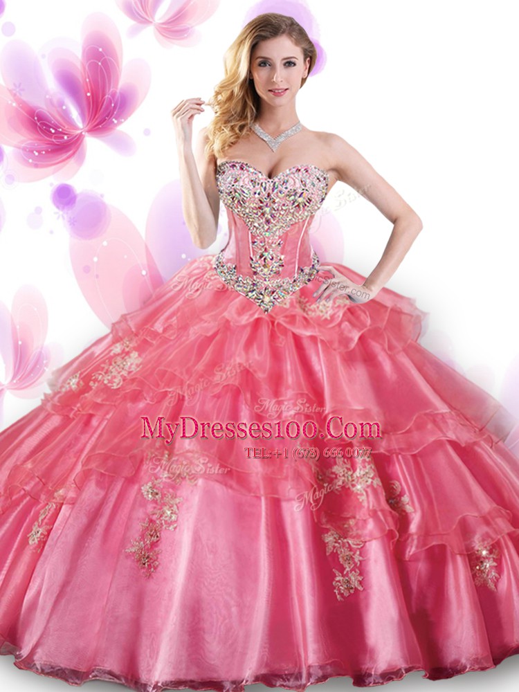 Fantastic Coral Red Ball Gowns Beading and Appliques Sweet 16 Dress Lace Up Organza Sleeveless Floor Length