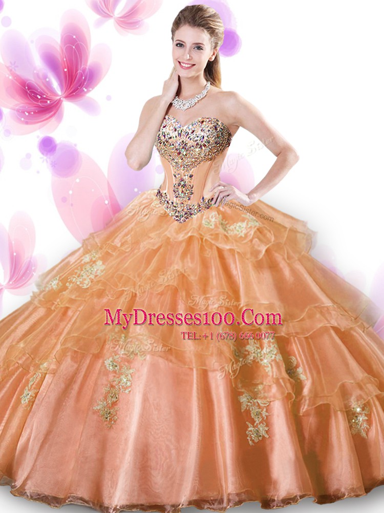 Fantastic Coral Red Ball Gowns Beading and Appliques Sweet 16 Dress Lace Up Organza Sleeveless Floor Length