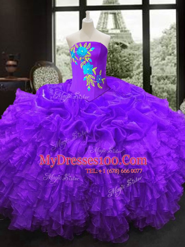Custom Designed Sleeveless Floor Length Embroidery Lace Up Quinceanera Gown with Purple