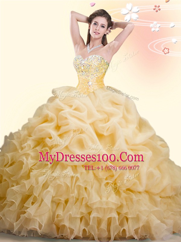 Elegant Pick Ups Brush Train Ball Gowns Sweet 16 Quinceanera Dress Gold Sweetheart Organza Sleeveless With Train Lace Up