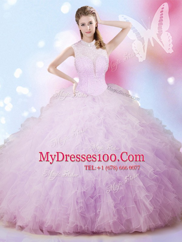 Perfect Lavender Quinceanera Gown Military Ball and Sweet 16 and Quinceanera and For with Beading and Ruffles High-neck Sleeveless Lace Up