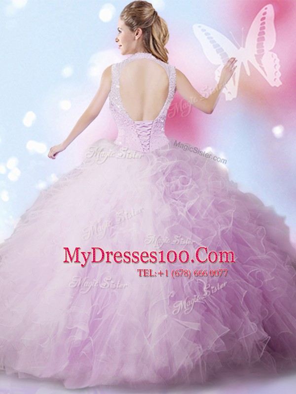 Perfect Lavender Quinceanera Gown Military Ball and Sweet 16 and Quinceanera and For with Beading and Ruffles High-neck Sleeveless Lace Up