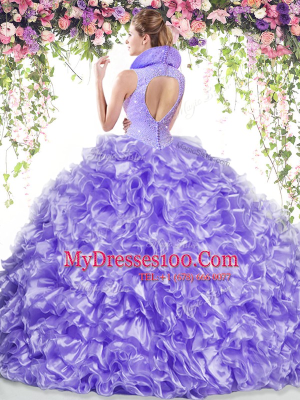 Lavender High-neck Neckline Beading and Ruffles Vestidos de Quinceanera Sleeveless Backless