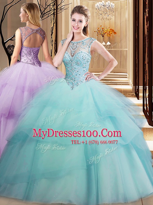 Dazzling Scoop Light Blue Lace Up 15 Quinceanera Dress Beading and Ruffled Layers Sleeveless Brush Train