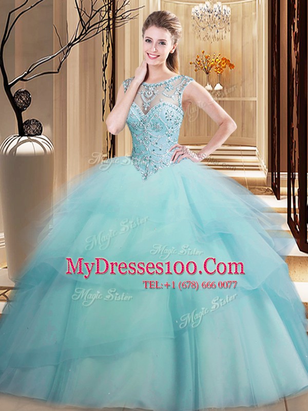 Dazzling Scoop Light Blue Lace Up 15 Quinceanera Dress Beading and Ruffled Layers Sleeveless Brush Train