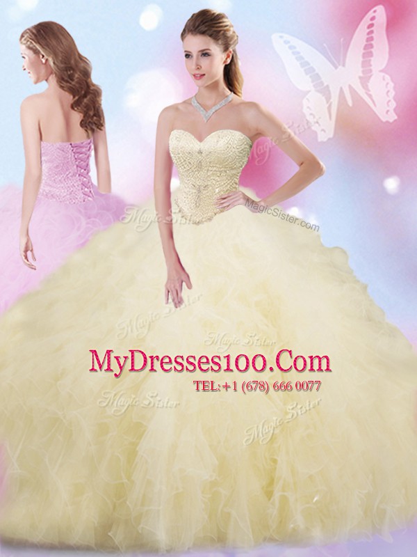 On Sale Ball Gowns Quinceanera Gowns Light Yellow Sweetheart Tulle Sleeveless Floor Length Lace Up