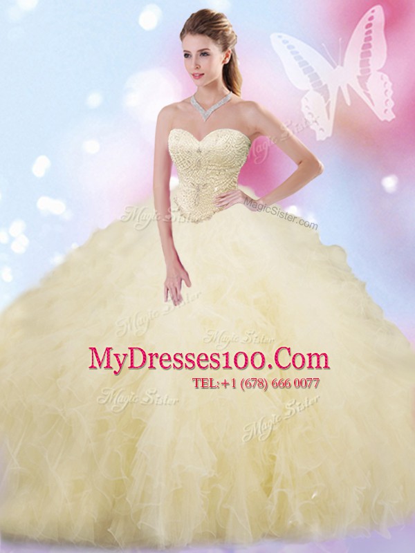 On Sale Ball Gowns Quinceanera Gowns Light Yellow Sweetheart Tulle Sleeveless Floor Length Lace Up
