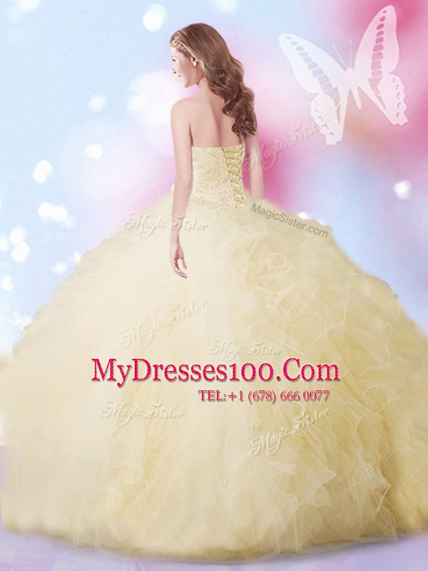 On Sale Ball Gowns Quinceanera Gowns Light Yellow Sweetheart Tulle Sleeveless Floor Length Lace Up