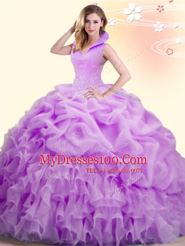 Hot Selling Sleeveless Organza Floor Length Backless 15 Quinceanera Dress in Lilac with Beading and Appliques and Pick Ups