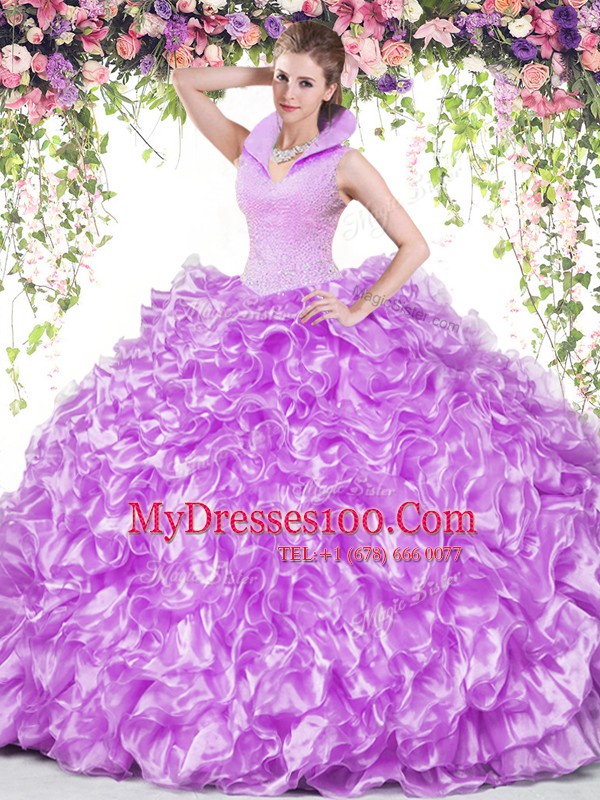 Best Selling Sleeveless Organza Floor Length Backless Quinceanera Dresses in Lilac with Beading and Ruffles