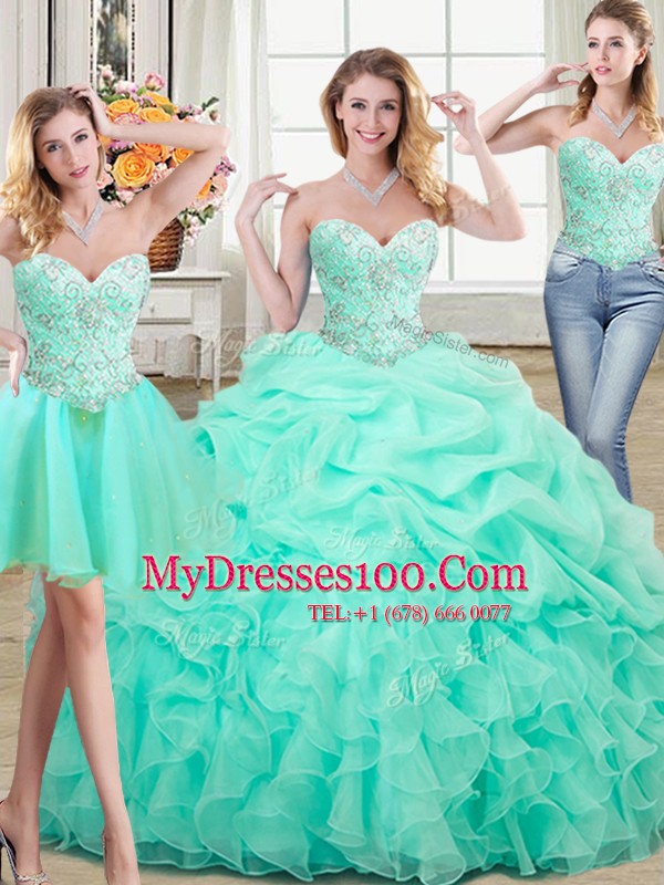 Three Piece Apple Green Organza Lace Up Sweetheart Sleeveless Floor Length Sweet 16 Dresses Beading and Ruffles and Pick Ups
