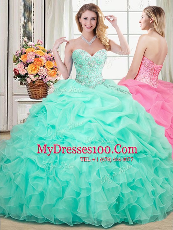 Three Piece Apple Green Organza Lace Up Sweetheart Sleeveless Floor Length Sweet 16 Dresses Beading and Ruffles and Pick Ups
