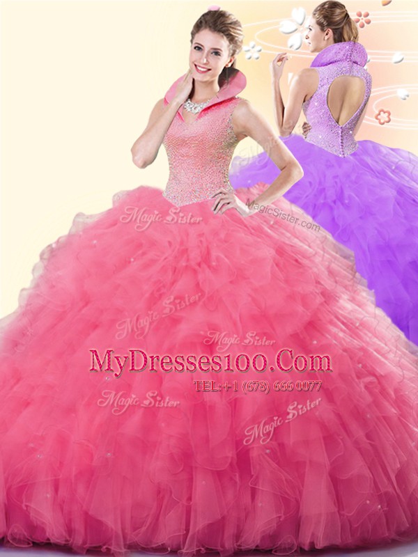 Sexy Sleeveless Beading and Ruffles Backless Vestidos de Quinceanera