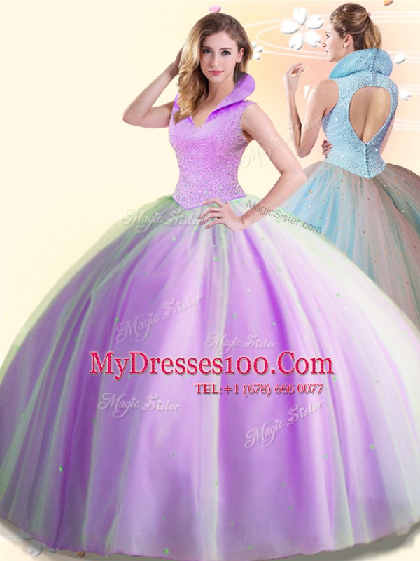 Ideal Lilac High-neck Backless Beading Quince Ball Gowns Sleeveless