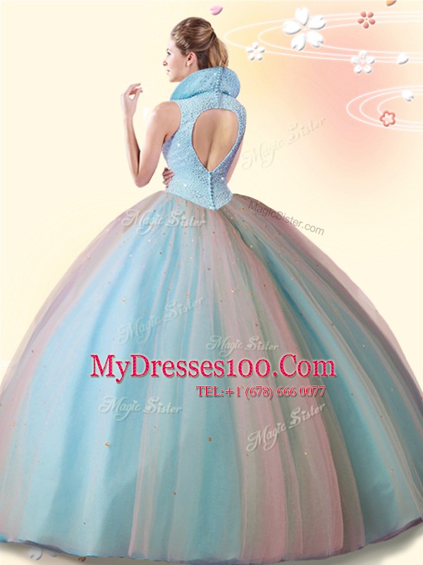 Ideal Lilac High-neck Backless Beading Quince Ball Gowns Sleeveless