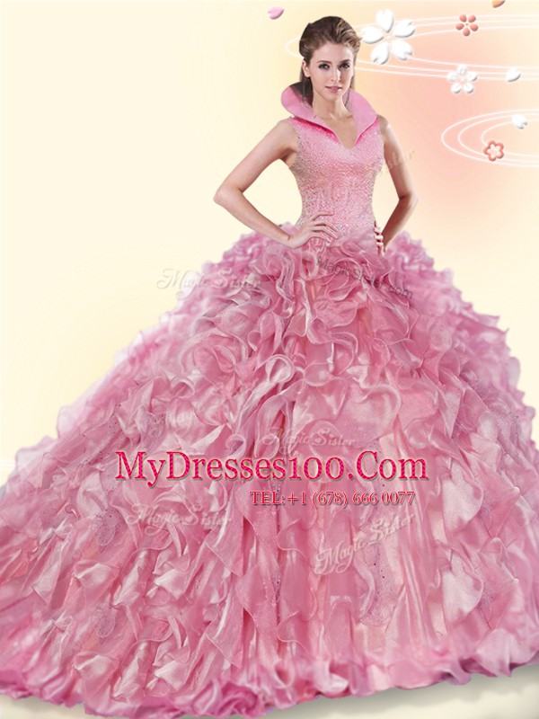 Sexy Pink High-neck Backless Beading and Ruffles Quinceanera Dress Brush Train Sleeveless