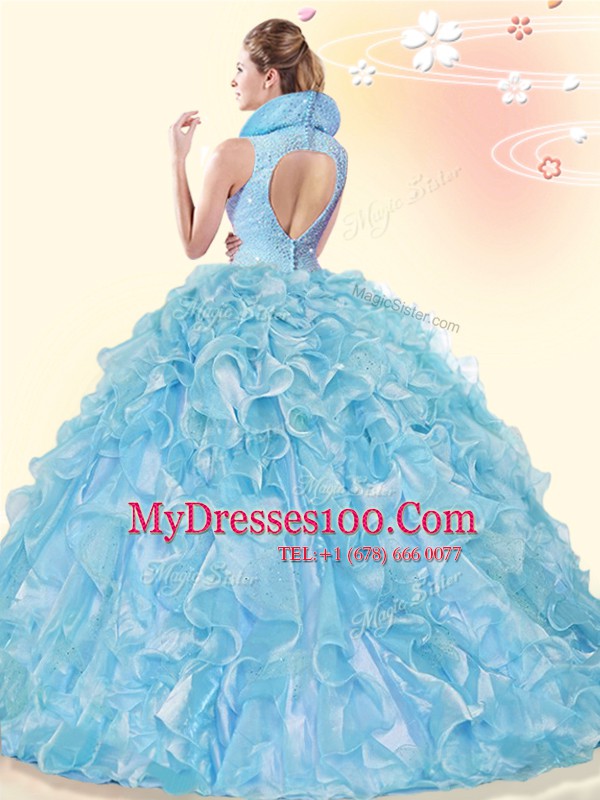 Sexy Pink High-neck Backless Beading and Ruffles Quinceanera Dress Brush Train Sleeveless