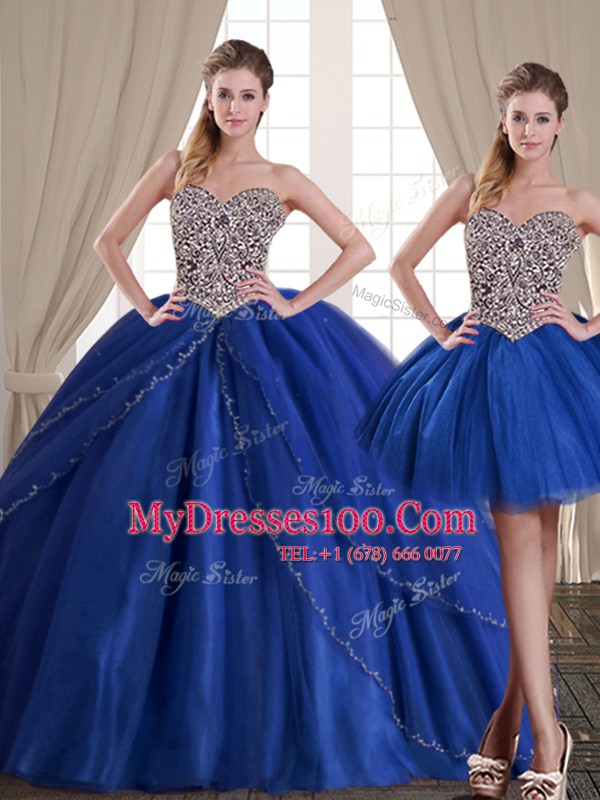 Three Piece Royal Blue Ball Gowns Tulle Sweetheart Sleeveless Beading Floor Length Lace Up Sweet 16 Quinceanera Dress