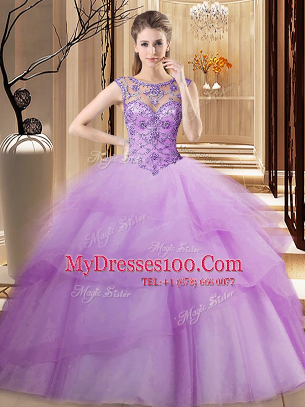Scoop Lilac Tulle Lace Up Quinceanera Gowns Sleeveless Brush Train Beading and Ruffled Layers