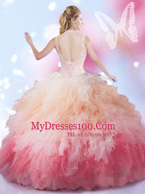 Admirable Sleeveless Floor Length Beading and Ruffles Lace Up Sweet 16 Quinceanera Dress with Multi-color