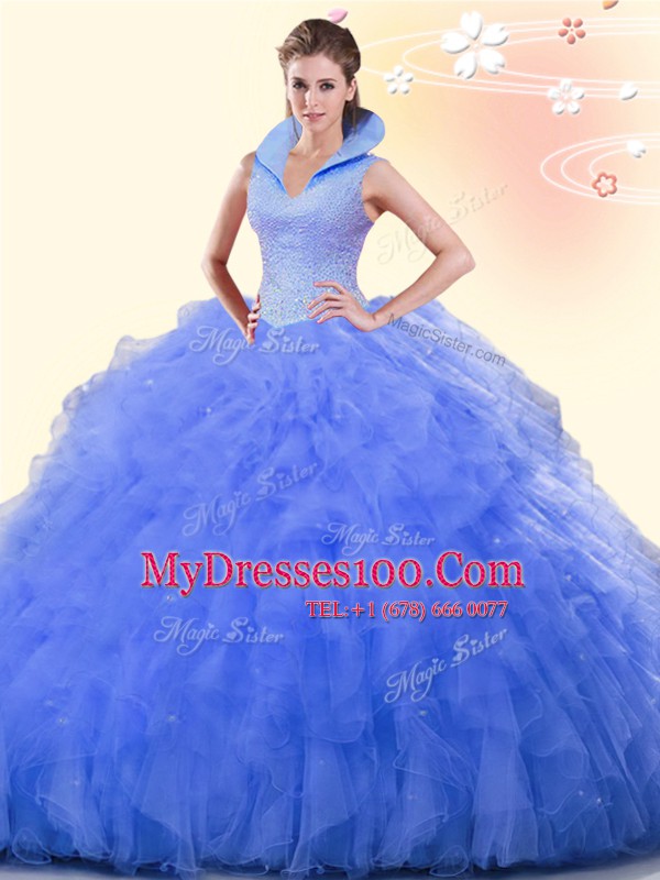Blue Sleeveless Tulle Backless Quinceanera Gown for Military Ball and Sweet 16 and Quinceanera