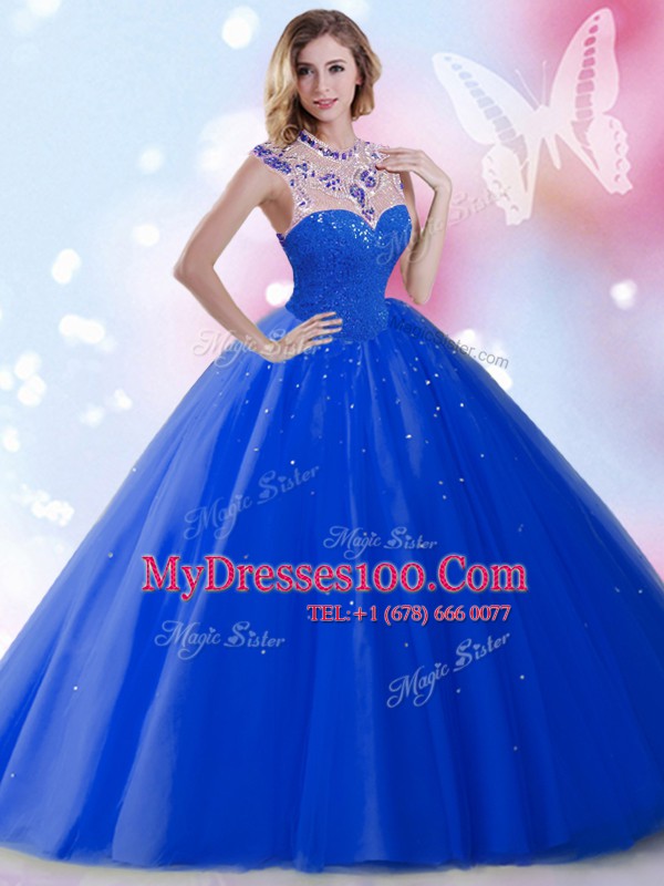 Trendy Floor Length Royal Blue Sweet 16 Dresses Tulle Sleeveless Beading and Sequins