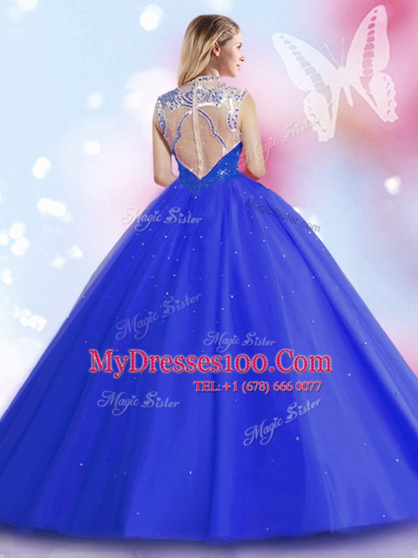 Trendy Floor Length Royal Blue Sweet 16 Dresses Tulle Sleeveless Beading and Sequins