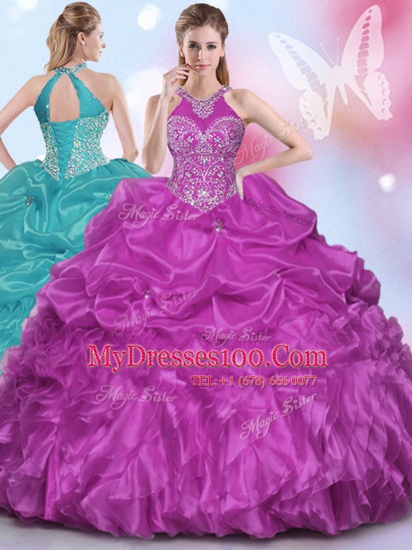 Halter Top Sleeveless Appliques and Pick Ups Lace Up Quinceanera Dress