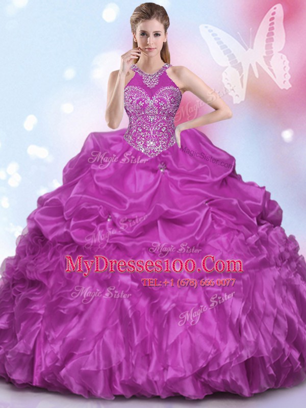 Halter Top Sleeveless Appliques and Pick Ups Lace Up Quinceanera Dress